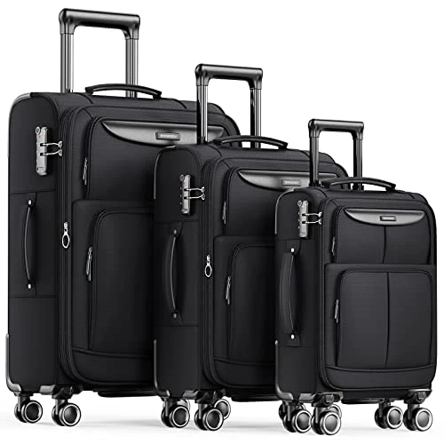 SHOWKOO Luggage Sets 3 Piece Softside Expandable Lightweight Durable Suitcase Sets Double Spinner Wheels TSA Lock Black (20in/24in/28in) 3 SHOWKOO Luggage Sets 3 Piece Softside Expandable Lightweight Durable Suitcase Sets Double Spinner Wheels TSA Lock Black (20in/24in/28in)