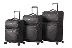 Lucas Designer Luggage Collection - 3 Piece Softside Expandable Ultra Lightweight Spinner Suitcase Set - Travel Set Includes 20 Inch Carry On, 24 Inch & 28 Inch Checked Suitcases (Black)