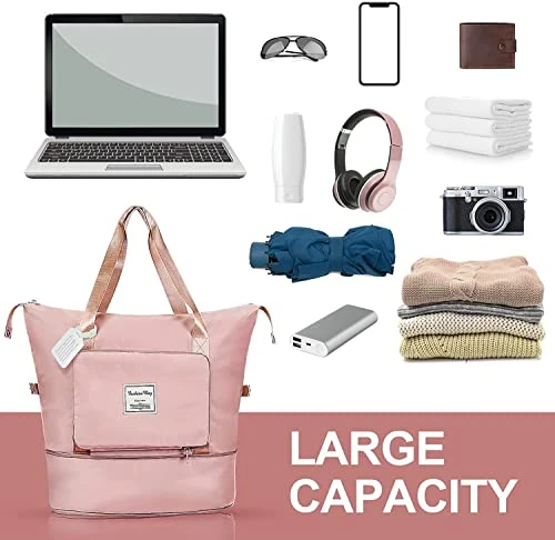 Large Capacity Folding Travel Bag, Travel Duffel Bag With Luggage Tag, Waterproof Lightweight Gym Bag With Wet And Dry Separation Bag, For Travel, Sports, Gym, Pink 10 Large Capacity Folding Travel Bag, Travel Duffel Bag With Luggage Tag, Waterproof Lightweight Gym Bag With Wet And Dry Separation Bag, For Travel, Sports, Gym, Pink - Image 8