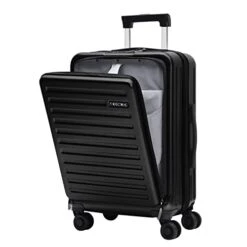 TydeCkare 20 Inch Carrry On Luggage With Front Zipper Pocket, 45L, Lightweight ABS+PC Hardshell Suitcase With TSA Lock & Spinner Silent Wheels, Convenient For Business Trips, Black