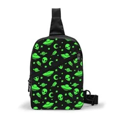 NiYoung Men Women Sling Bag Crossbody Backpack, Green Alien Moon Spaceships Planet Black Casual Daypack With Adjustable Strap For Outdoor Cycling Hiking Travel