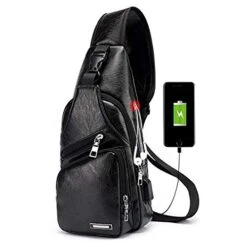 Seoky Rop Men's Leather Sling Bag Chest Crossbody Shoulder Bag With USB Charging Port Black