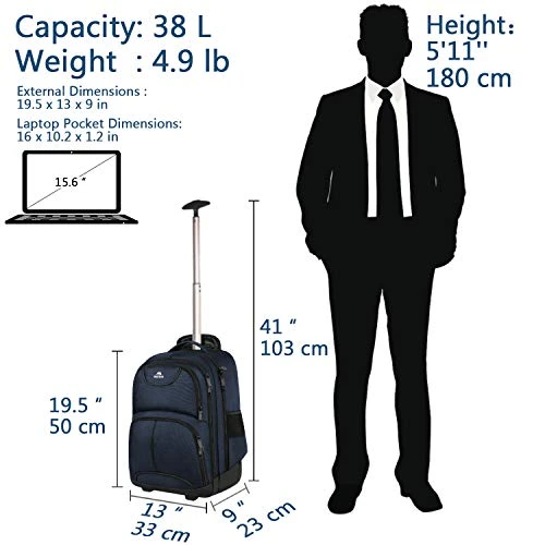 Backpack With Wheels, Travel-friendly Rolling Laptop Backpack For Men Women, MATEIN Freewheel Carry On Luggage Business Bag, Compact College School Student Computer Bag Fit 15.6 Inch Notebook,Blue 9 Backpack With Wheels, Travel-friendly Rolling Laptop Backpack For Men Women, MATEIN Freewheel Carry On Luggage Business Bag, Compact College School Student Computer Bag Fit 15.6 Inch Notebook,Blue - Image 7