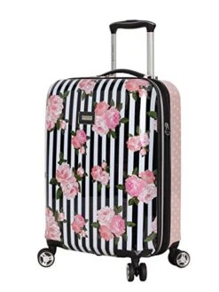 Betsey Johnson Designer 20 Inch Carry On - Expandable (ABS + PC) Hardside Luggage - Lightweight Durable Suitcase With 8-Rolling Spinner Wheels For Women (Stripe Roses)