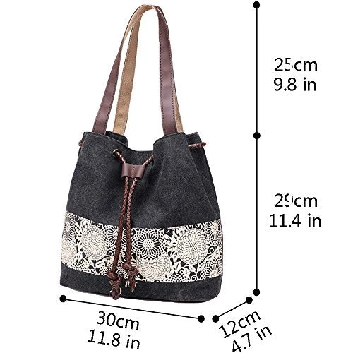 Hiigoo Printing Canvas Shoulder Bag Retro Casual Handbags Messenger Bags (Black) 5 Hiigoo Printing Canvas Shoulder Bag Retro Casual Handbags Messenger Bags (Black) - Image 3