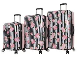 Betsey Johnson Designer Luggage Collection - Expandable 3 Piece Hardside Lightweight Spinner Suitcase Set - Travel Set Includes 20-Inch Carry On, 26 Inch And 30-Inch Checked Suitcase (Stripe Roses)