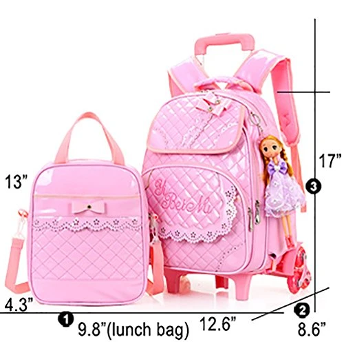 Meetbelify Rolling Backpacks For Girls School Bags Trolley Handbag With Lunch Bag Style B-Pink 6 Meetbelify Rolling Backpacks For Girls School Bags Trolley Handbag With Lunch Bag Style B-Pink - Image 4