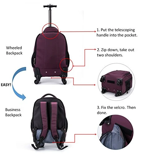 Racini Nylon Waterproof Rolling Backpack, Freewheel Travel Wheeled Backpack, Carry-on Luggage With Anti-Theft Zippers(Purple) 7 Racini Nylon Waterproof Rolling Backpack, Freewheel Travel Wheeled Backpack, Carry-on Luggage With Anti-Theft Zippers(Purple) - Image 5