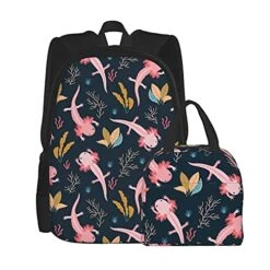 Unisex Lunch Bag And 15in Laptop Backpack Combination Pack, Bookbag Travel Bags, Cooler Dinner Bag Lunch Box Reusable Tote Shoulder Bags Rucksack Hand Drawn Axolotl Sea Weed
