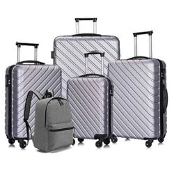 Apelila 5 Piece Luggage Sets,Travel Suitcase Spinner Hardshell Lightweight W/Free Suitcase Cover& Hanger (4PC Sliver W/Covers4+Hanger2+Backbag1)