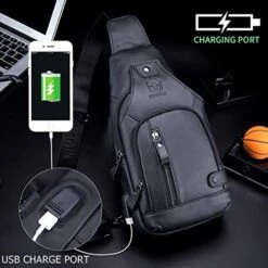 BULLCAPTAIN Men Sling Crossbody Bag With USB Charging Port Genuine Leather Shoulder Chest Bag Travel Hiking Backpack (Black) -Vera Bradley Shop 51Kt8mxnovL