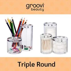 GROOVI BEAUTY Acrylic Triple Round Make Up Container (3 Connected Towers) - Compact Size, Great Storage Container For Cosmetics, Bathroom And Vanity Supplies - Qtips, Cotton Balls - 5.5"x5.9"x5.25" -Vera Bradley Shop 51OKH2Lja9L