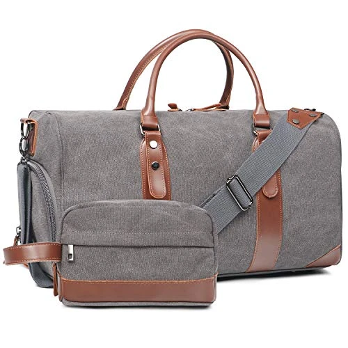 Oflamn Large Duffle Bag Canvas Leather Weekender Overnight Travel Carry On Tote Bag With Shoe Compartment And Toiletry Bag (Grey) 3 Oflamn Large Duffle Bag Canvas Leather Weekender Overnight Travel Carry On Tote Bag With Shoe Compartment And Toiletry Bag (Grey)