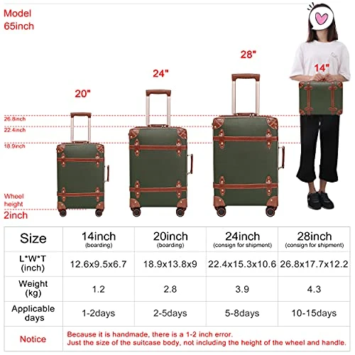 NZBZ Vintage Luggage Sets With Spinner Wheels Cute Carry On Suitcase Tsa Lock Luggage 3 Pieces (Green, 14inch & 20inch & 28inch) 6 NZBZ Vintage Luggage Sets With Spinner Wheels Cute Carry On Suitcase Tsa Lock Luggage 3 Pieces (Green, 14inch & 20inch & 28inch) - Image 4