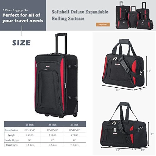 Flieks 5 Piece Luggage Set Deluxe Expandable Rolling Suitcase (black&red) 8 Flieks 5 Piece Luggage Set Deluxe Expandable Rolling Suitcase (black&red) - Image 6