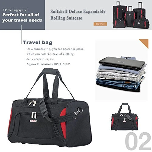 Flieks 5 Piece Luggage Set Deluxe Expandable Rolling Suitcase (black&red) 6 Flieks 5 Piece Luggage Set Deluxe Expandable Rolling Suitcase (black&red) - Image 4