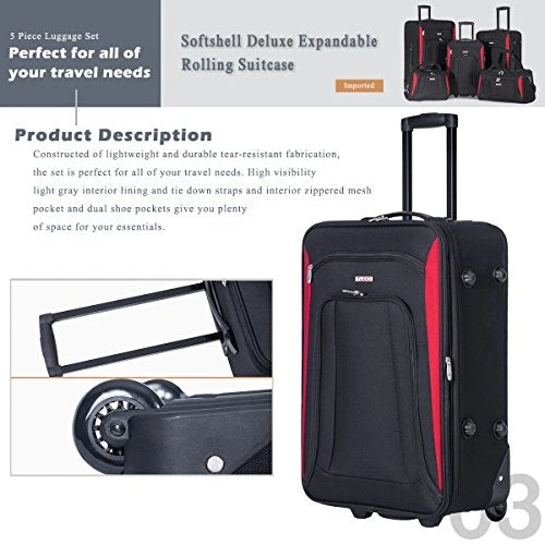 Flieks 5 Piece Luggage Set Deluxe Expandable Rolling Suitcase (black&red) 7 Flieks 5 Piece Luggage Set Deluxe Expandable Rolling Suitcase (black&red) - Image 5