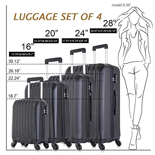 4 Piece Luggage Sets With Spinner Wheels Travel Suitcase Hard-shell Lightweight 16" 20" 24" 28" (4 PCS LM Black) 5 4 Piece Luggage Sets With Spinner Wheels Travel Suitcase Hard-shell Lightweight 16" 20" 24" 28" (4 PCS LM Black) - Image 3