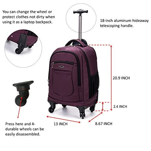 Racini Nylon Waterproof Rolling Backpack, Freewheel Travel Wheeled Backpack, Carry-on Luggage With Anti-Theft Zippers(Purple) 5 Racini Nylon Waterproof Rolling Backpack, Freewheel Travel Wheeled Backpack, Carry-on Luggage With Anti-Theft Zippers(Purple) - Image 3