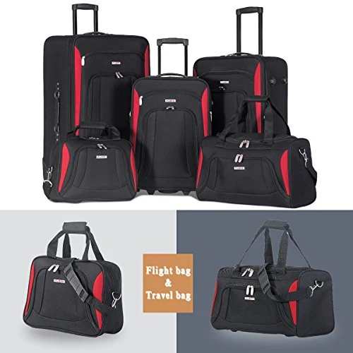 Flieks 5 Piece Luggage Set Deluxe Expandable Rolling Suitcase (black&red) 4 Flieks 5 Piece Luggage Set Deluxe Expandable Rolling Suitcase (black&red) - Image 2