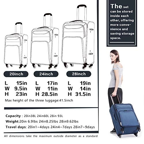 Coolife Luggage 3 Piece Set Suitcase Spinner Softshell Lightweight (blue+sliver) 4 Coolife Luggage 3 Piece Set Suitcase Spinner Softshell Lightweight (blue+sliver) - Image 2