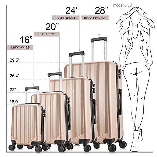 4 Pieces Travel Luggage Sets, Hardside Lightweight ABS Luggage Suitcase, 360° Spinner Wheels Travel Set Bag, Durable Trolley Suitcase 16" 20" 24" 28", 4 Pcs (Color Champagne Gold) 11 4 Pieces Travel Luggage Sets, Hardside Lightweight ABS Luggage Suitcase, 360° Spinner Wheels Travel Set Bag, Durable Trolley Suitcase 16" 20" 24" 28", 4 Pcs (Color Champagne Gold) - Image 9
