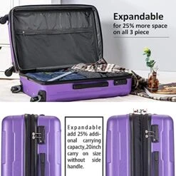 Expandable ABS Durable Suitcase 3 Piece Luggage Sets Lightweight With Double Wheels TSA Lock Spinner, Unisex Adults Teens Home Outddor Carry On Luggage (Purple 20/24/28 Inch) -Vera Bradley Shop 51qVLSG8XzS