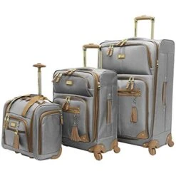 Steve Madden Designer Luggage Collection- 3 Piece Softside Expandable Lightweight Spinner Suitcases- Travel Set Includes Under Seat Bag, 20-Inch Carry On & 28-Inch Checked Suitcase (Harlo Gray)