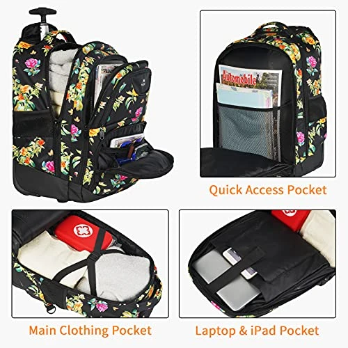 Backpack With Wheels, Travel-friendly Rolling Laptop Backpack For Men Women, MATEIN Freewheel Carry On Luggage Business Bag, Compact College School Student Computer Bag Fit 17 Inch Notebook, Floral 8 Backpack With Wheels, Travel-friendly Rolling Laptop Backpack For Men Women, MATEIN Freewheel Carry On Luggage Business Bag, Compact College School Student Computer Bag Fit 17 Inch Notebook, Floral - Image 6