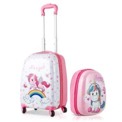 HONEY JOY 2Pc Kids Luggage Set, 12'' Backpack & 16'' Rolling Suitcase, Hard Shell Trolley Suitcase With Spinner Wheels, Carry On Luggage Set For Boys And Girls Travel (Unicorn)
