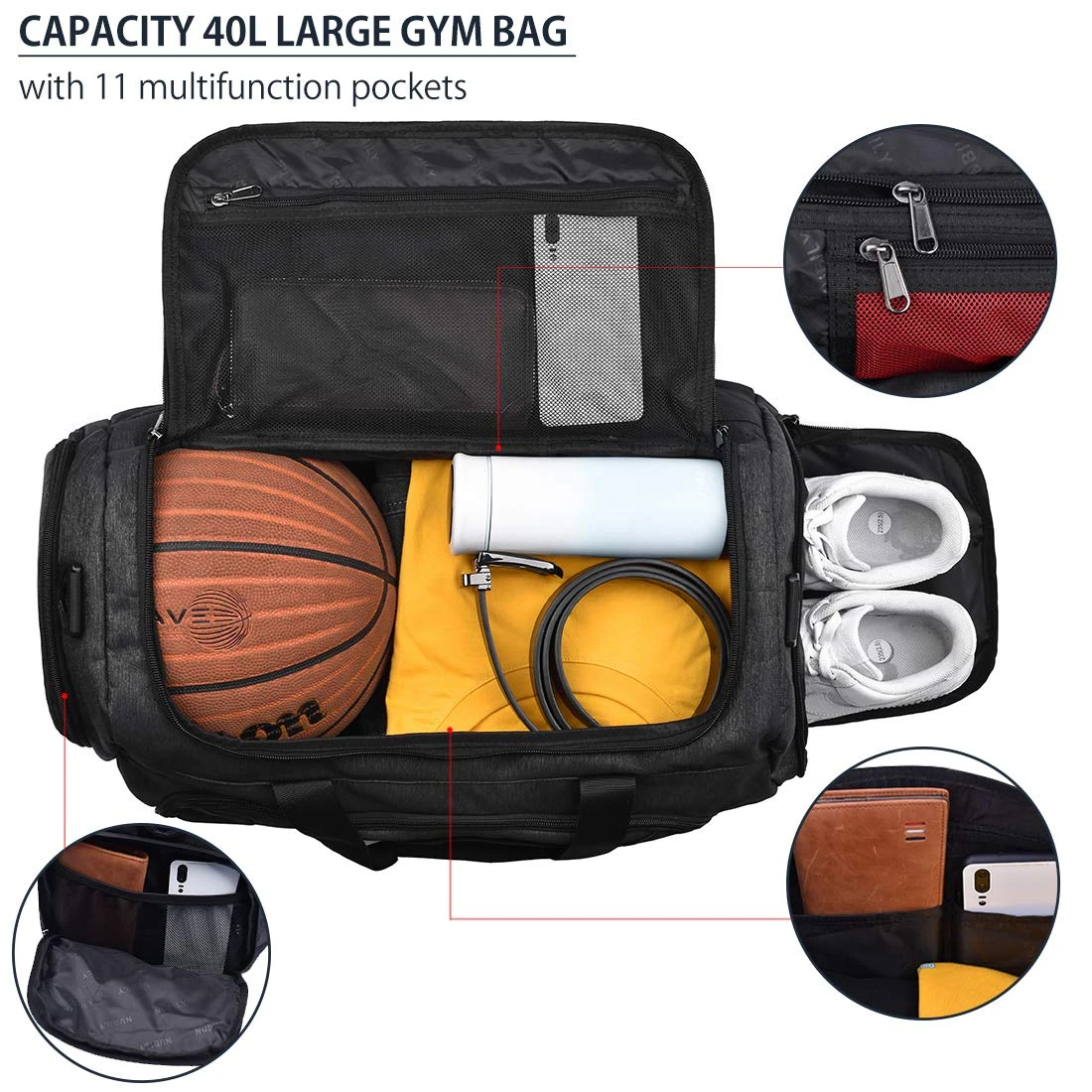 Gym Duffle Bag Waterproof Large Sports Bags Travel Duffel Bags With Shoes Compartment Weekender Overnight Bag Men Women 40L Black 6 Gym Duffle Bag Waterproof Large Sports Bags Travel Duffel Bags With Shoes Compartment Weekender Overnight Bag Men Women 40L Black - Image 4