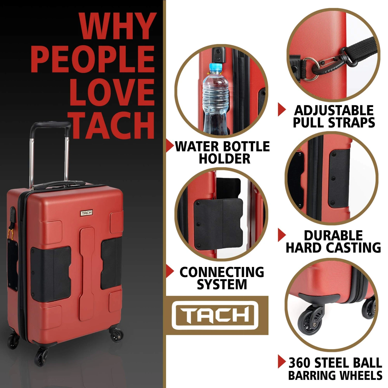 TACH TUFF 3-Piece Hardcase Connectable Luggage & Carryon Travel Bag Set | Rolling Suitcase With Patented Built-In Connecting System | Easily Link & Carry 9 Bags At Once (wine Red) 5 TACH TUFF 3-Piece Hardcase Connectable Luggage & Carryon Travel Bag Set | Rolling Suitcase With Patented Built-In Connecting System | Easily Link & Carry 9 Bags At Once (wine Red) - Image 3
